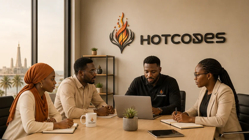 Équipe HotCodes en session d’audit métier avec le logo intégré au mur du bureau