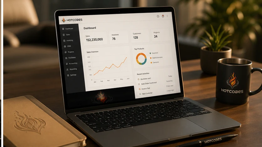Interface ERP HotCodes affichée sur ordinateur avec le logo intégré dans l’environnement de travail