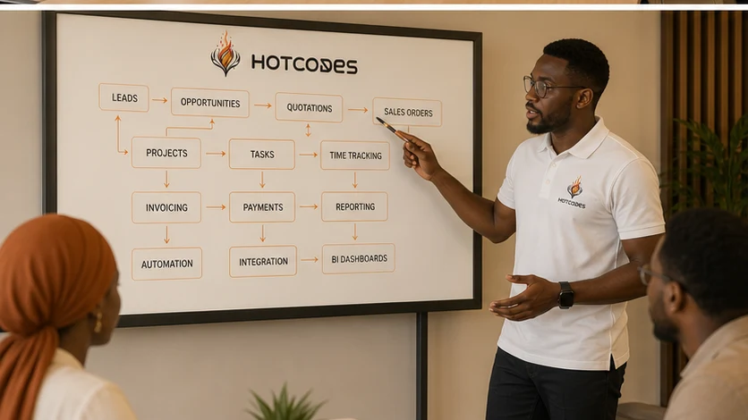 Consultant HotCodes présentant un workflow ERP avec le logo intégré au tableau